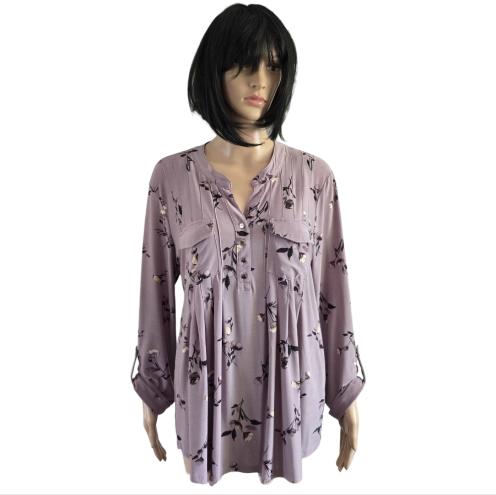 Lily Morgan Floral Lavender Long Sleeves Blouse With Split V-neckline,Xl